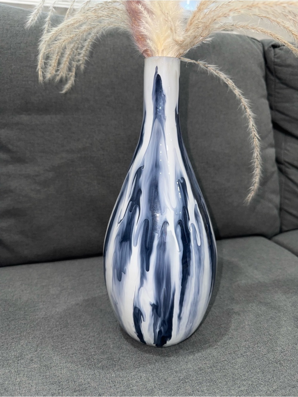 Like New Decorative White and Navy Drip Glass Vase